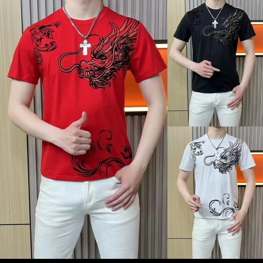 2024龙年新款夏季男士短袖休闲潮流印花T恤圆领百搭时尚高档