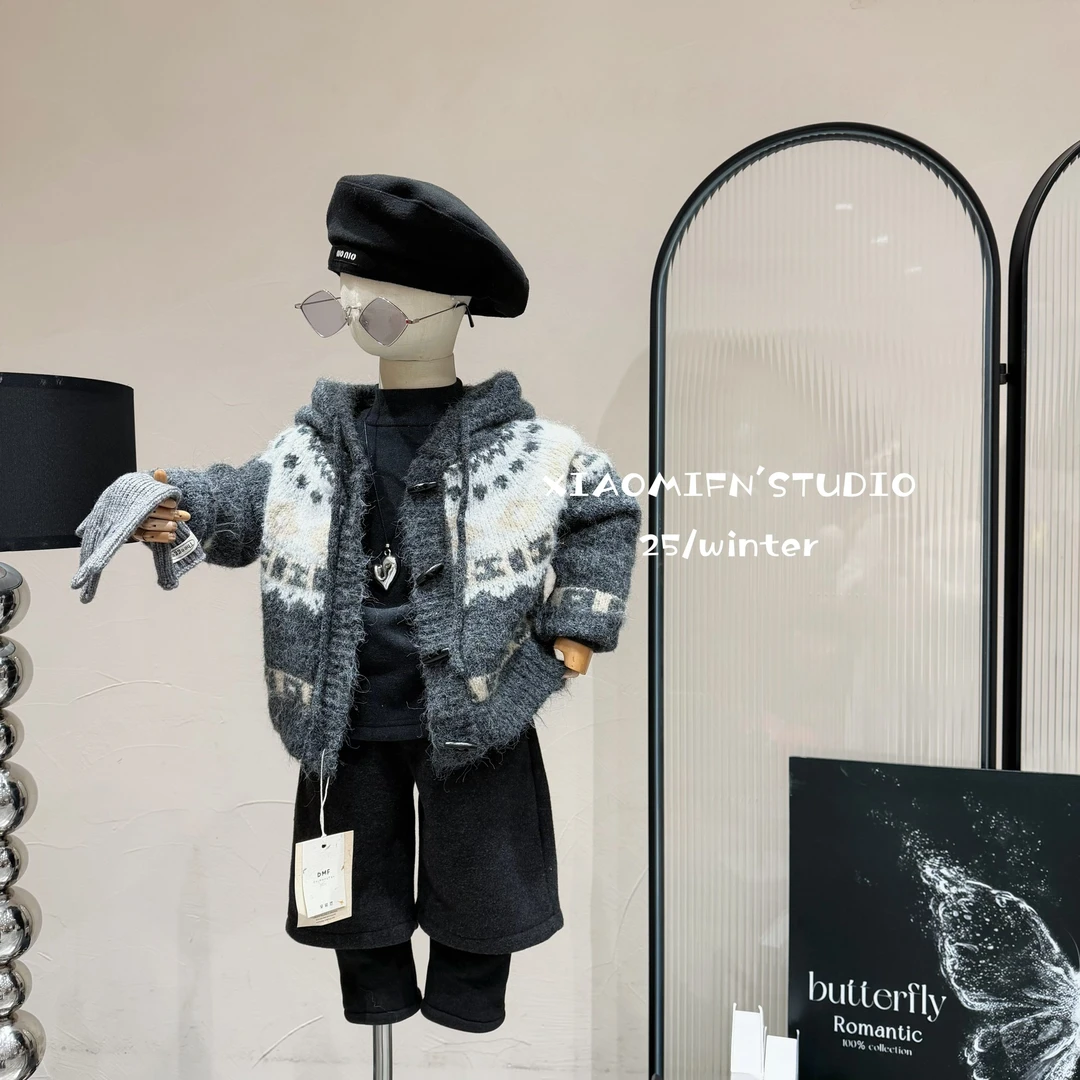 【小米范er】2025加绒费尔岛开衫毛衣秋冬款韩版男儿童洋气痞帅6060