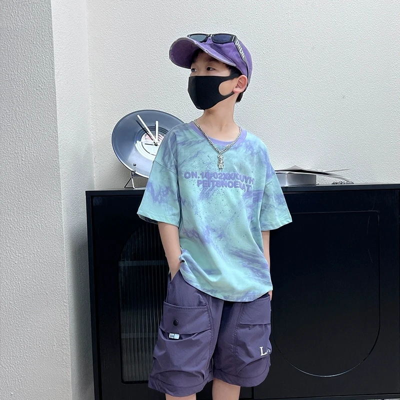 男童短袖t恤夏季2025新款儿童宽松扎染上衣薄款男童夏装半袖潮T