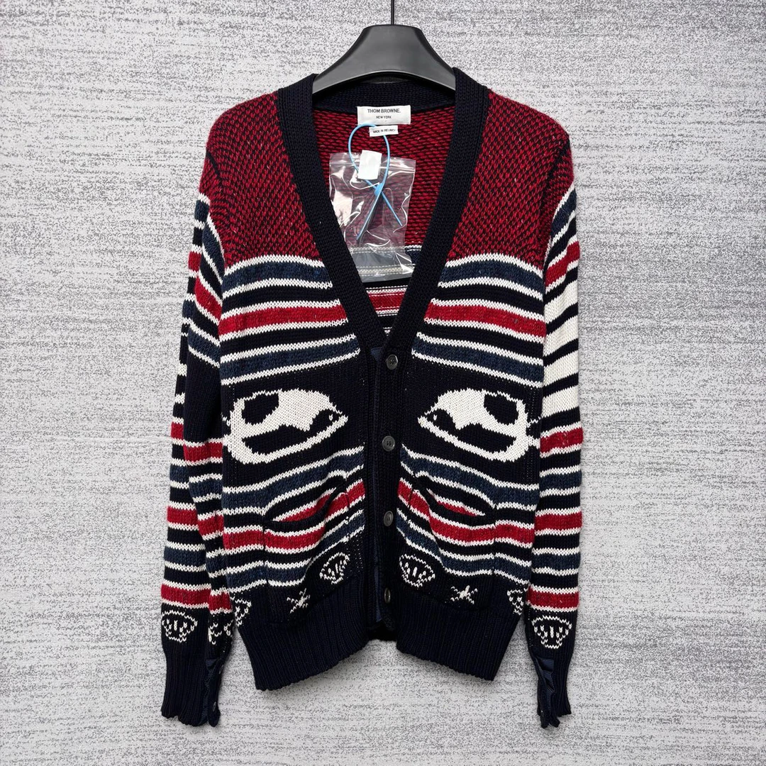 99新 THOMBROWNE WX109587红蓝拼色条纹V领外套/尺码2/