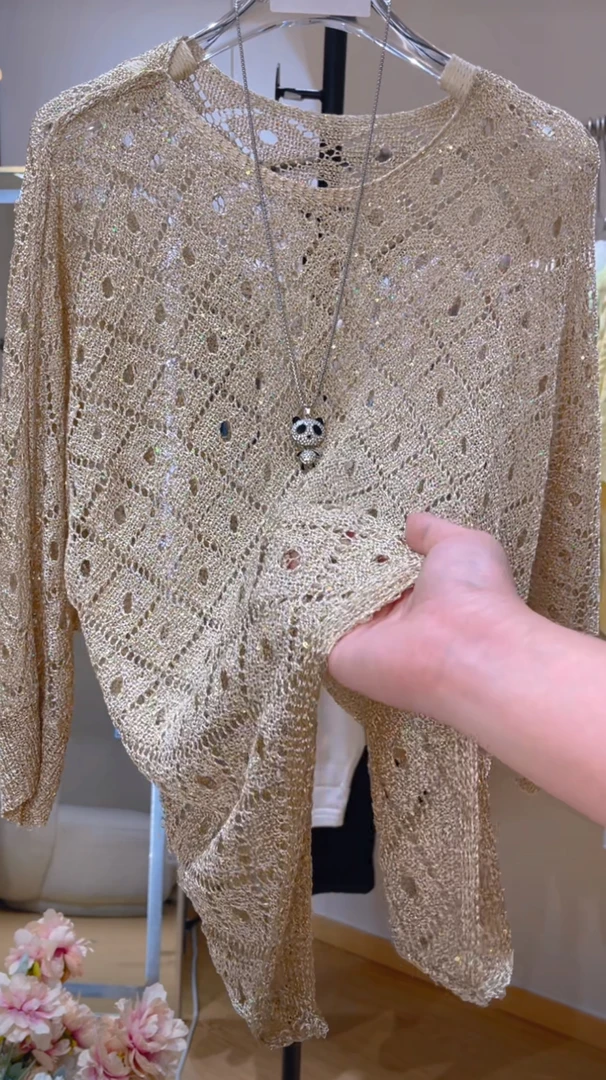 女装圆领秋季春季长袖网红套头款毛针织衫休闲镂空