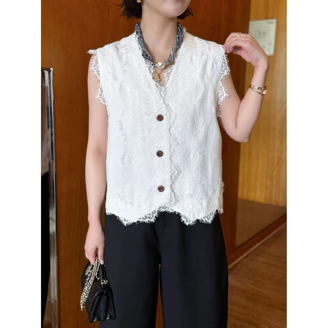 方和屿.街头拼接春季单排扣V领蕾丝马夹女装上衣短款法式8006