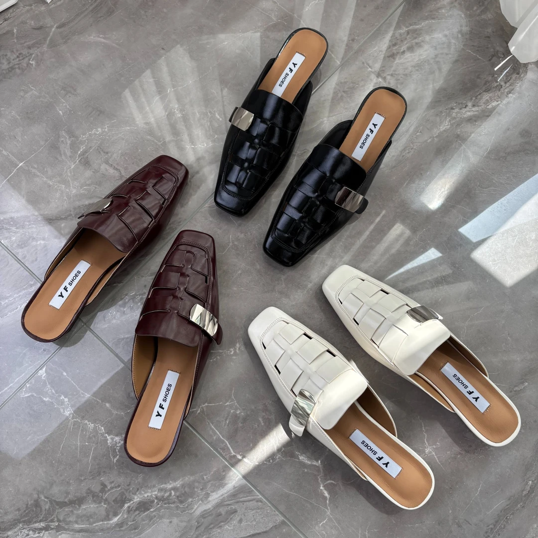 半拖鞋2025年新款百搭包头法式方头复古编织镂空穆勒鞋女外穿软底