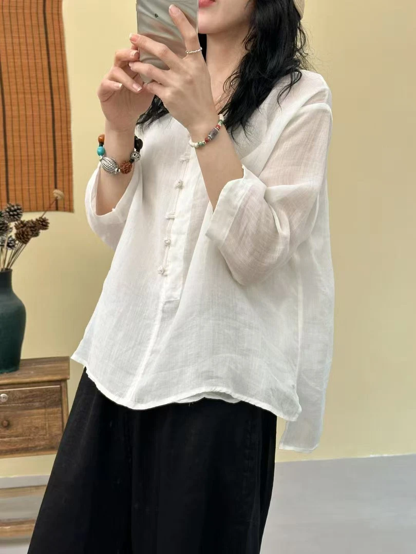 复古文艺100支细苎麻V领小衫宽松百搭上衣七分袖盘扣套头衬衫女