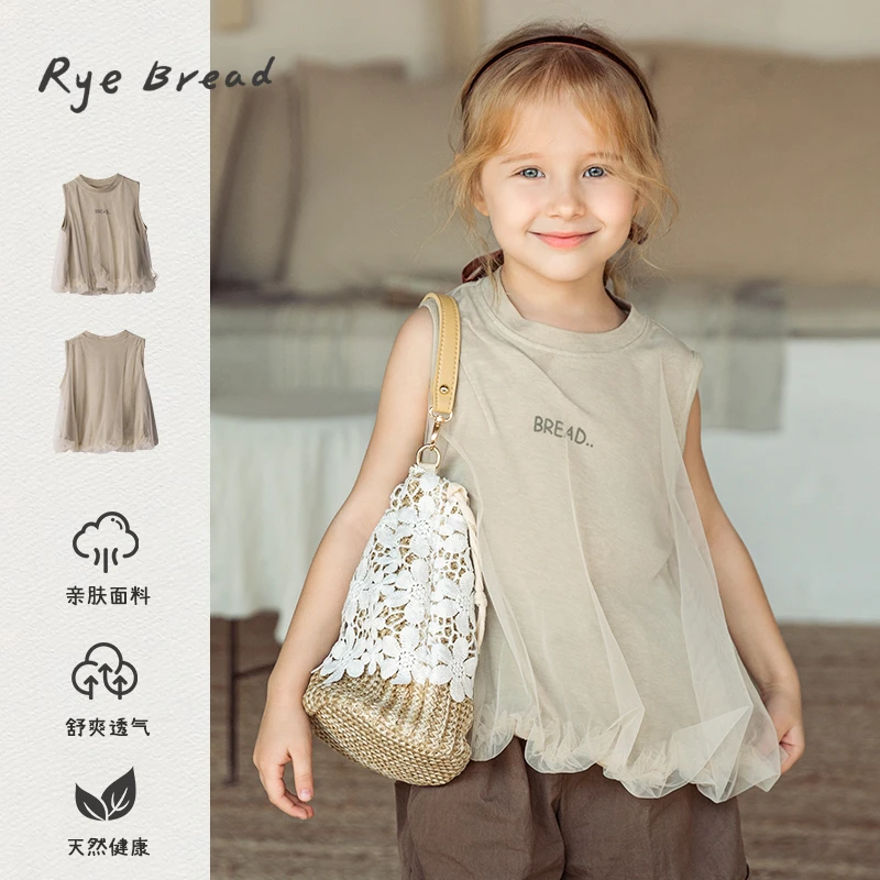 ryebread/黑面包童装 韩系女小童字母印花无袖网纱装饰背心 5夏