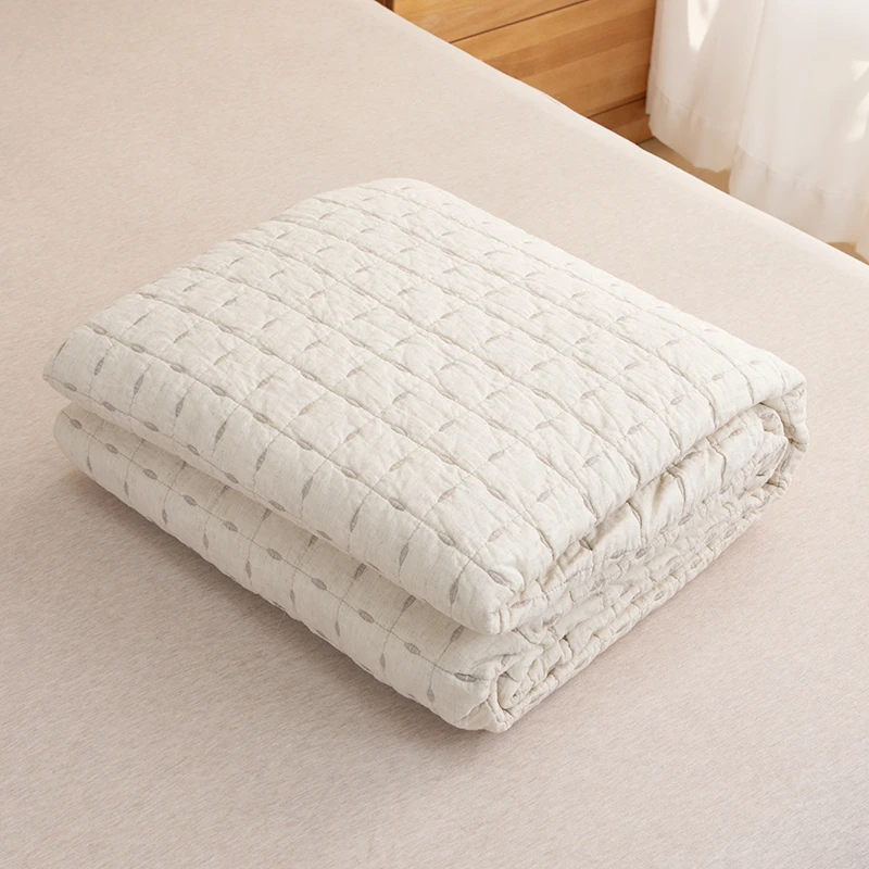 天竺良品珍珠绣棉麻床盖MYBJ0032夹棉针织薄款加厚两用单人毯子