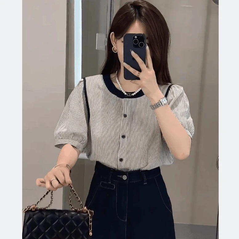 圆领拼色短袖条纹衬衫女夏季新款宽松显瘦休闲泡泡袖小衫
