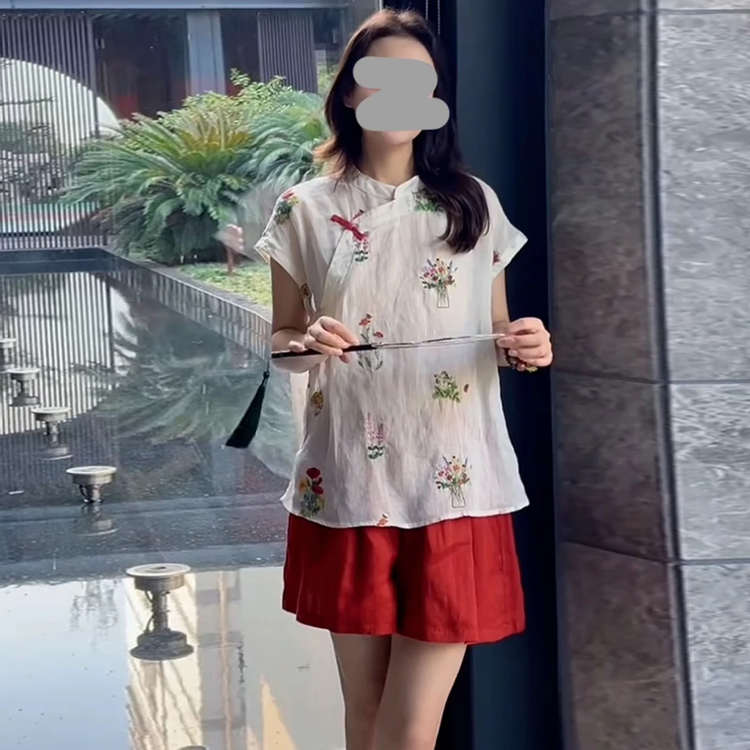 时尚复古圆领夏季绣花显瘦衬衫短袖刺绣包袖新中式套装