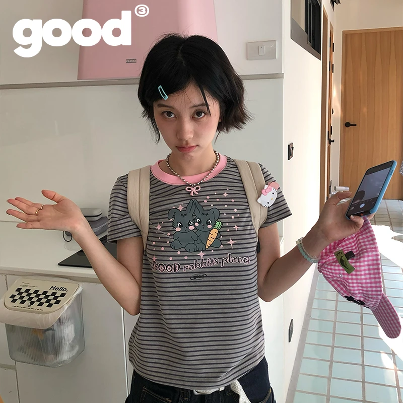 美好商店MeihaoStore小兔星球黑粉拼色条纹小板型短袖T恤