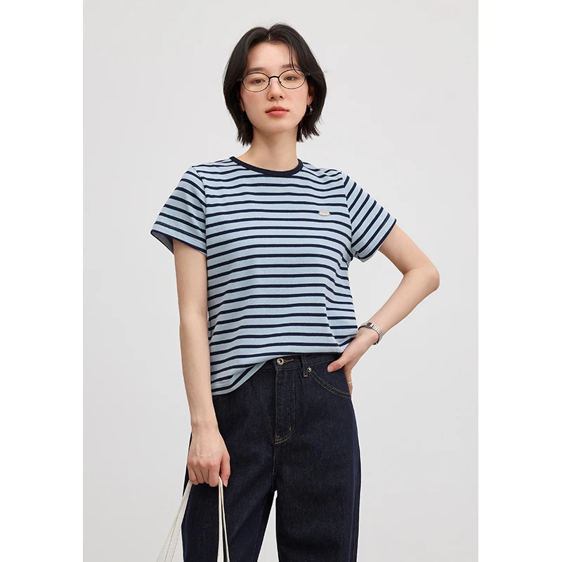 素典【莫兰迪天空】纯棉撞色条纹正肩短袖t恤时尚百搭修身上衣3559