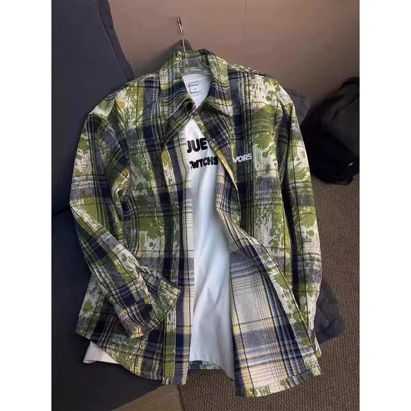 扎染绿色格子长袖衬衫男款夏季cleanfit穿搭衬衣美式复古情侣外套