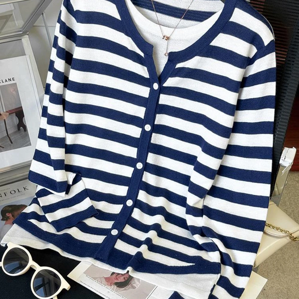 女条纹短款宽松不褪色静奢风毛针织衫显瘦长袖韩版针织衫夏季