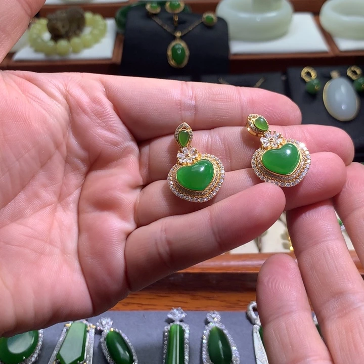 和田玉耳饰银S925镶嵌