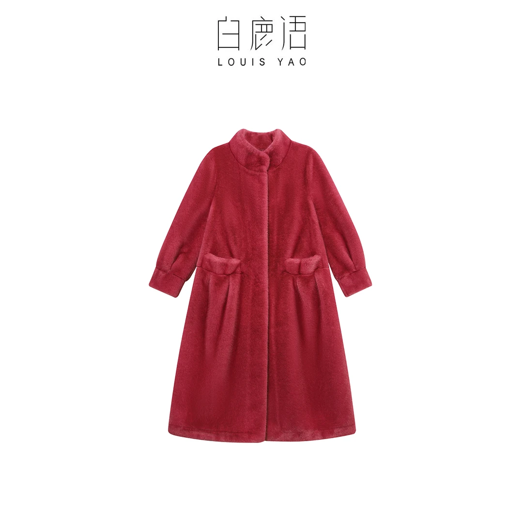 白鹿语冬新款仿貂绒保暖时尚立领毛呢外套大衣女BX10495