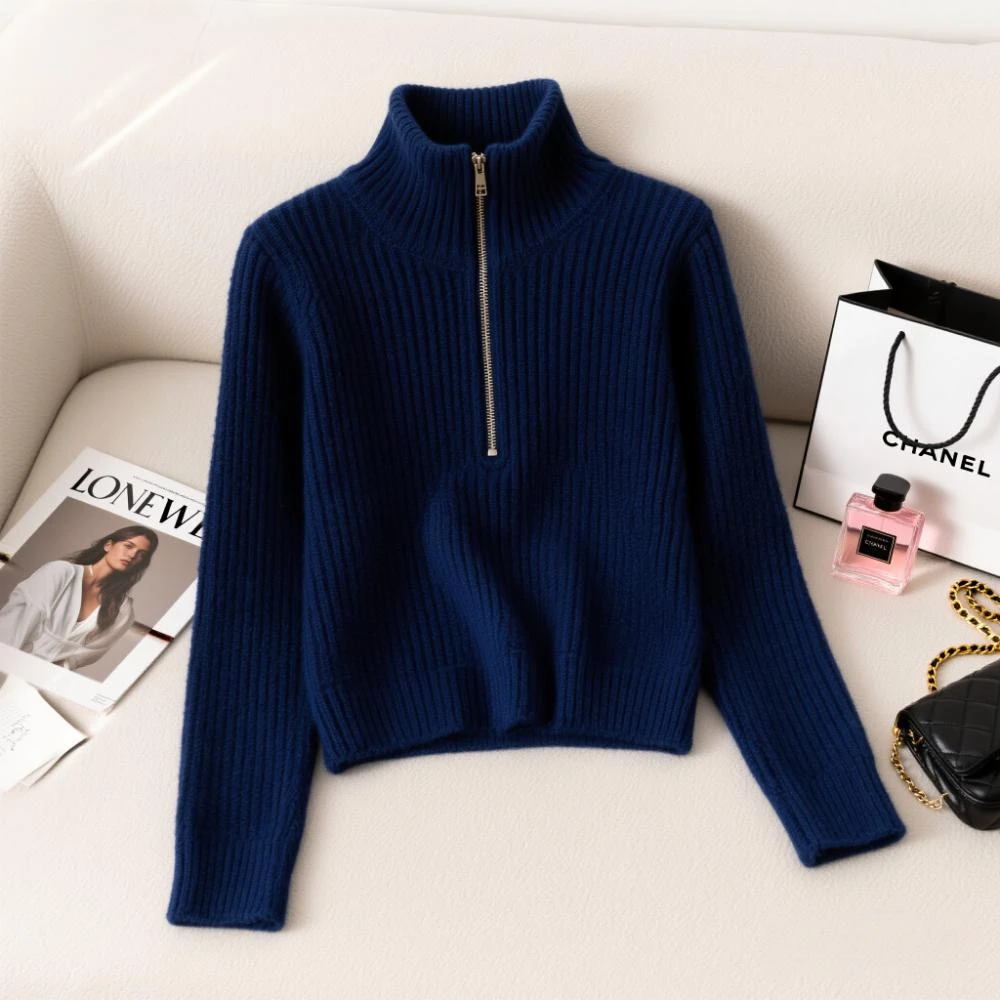 韩系冬季新款减龄显瘦简约高级感针织小衫立领拉链小众设计上衣女