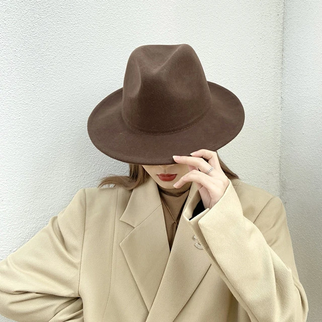 欧美英伦复古风咖色爵士帽子女秋冬百搭经典不过时光板羊毛呢礼帽