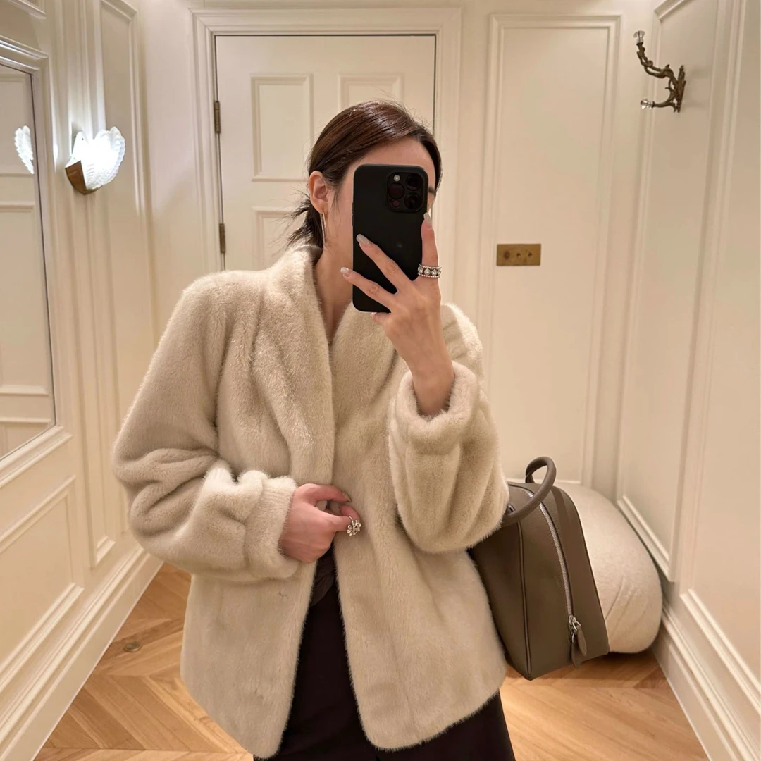 人造皮草 人造皮草中古风环保水貂女 V领百搭时尚2025冬新款大衣