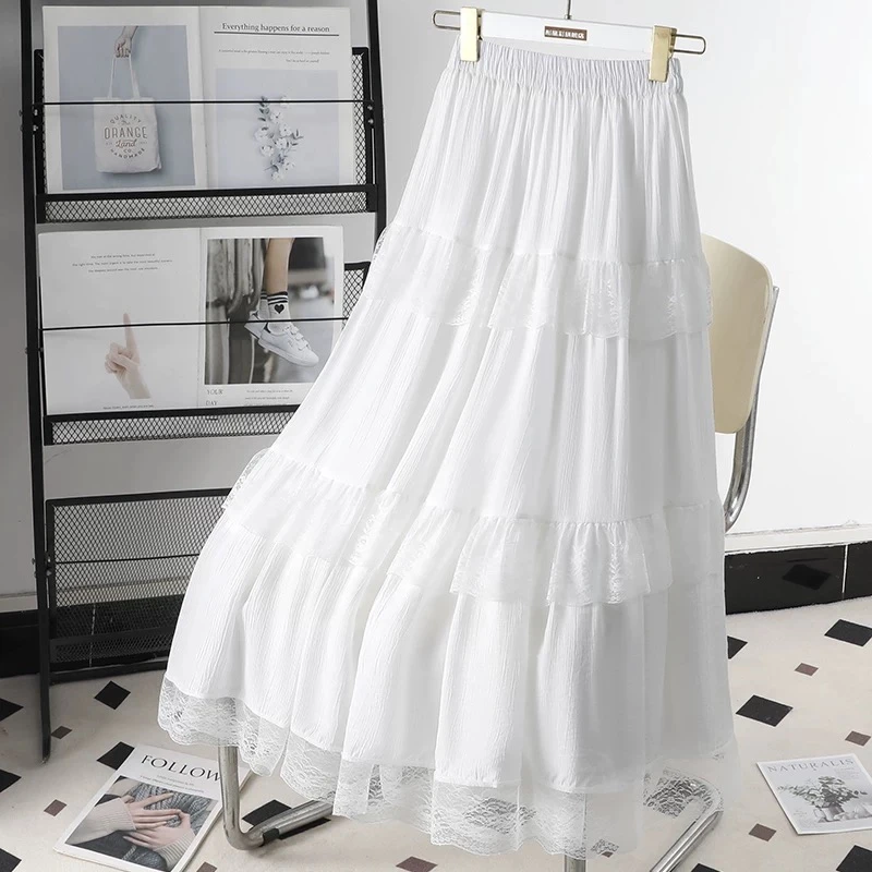 Q【初见】法式时尚白色蕾丝拼接高腰半身裙