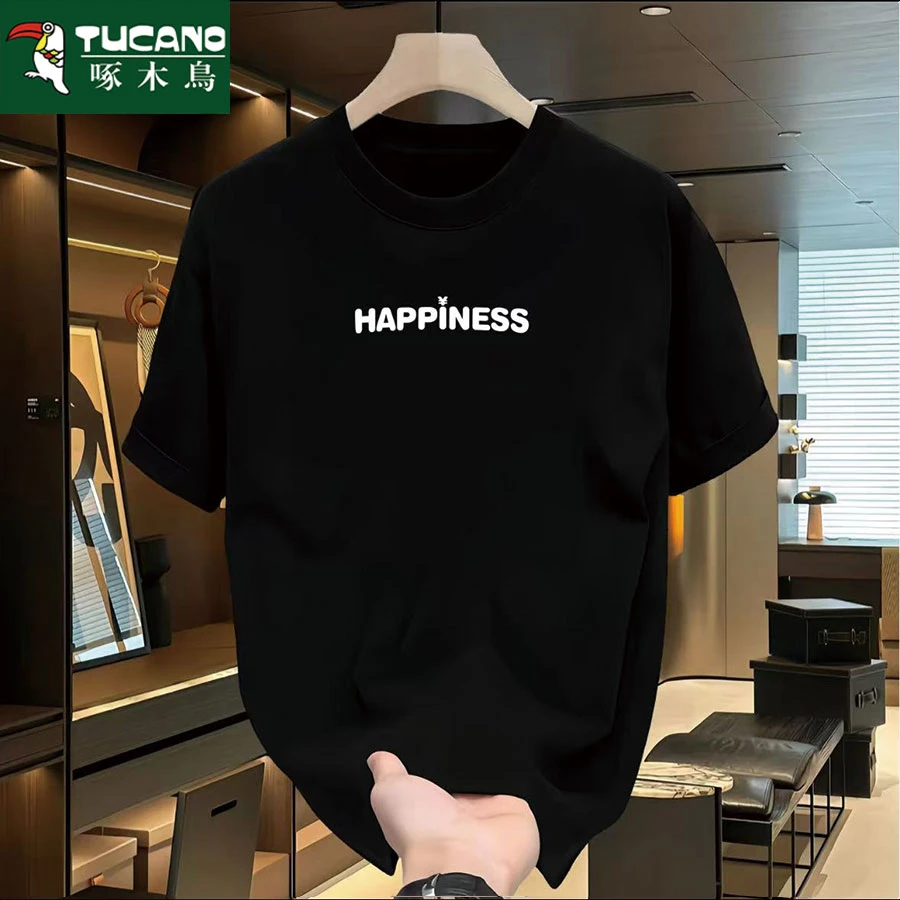 啄木鸟纯棉T恤印花短袖圆领宽松卡通大码男士上衣黑色韩版百搭