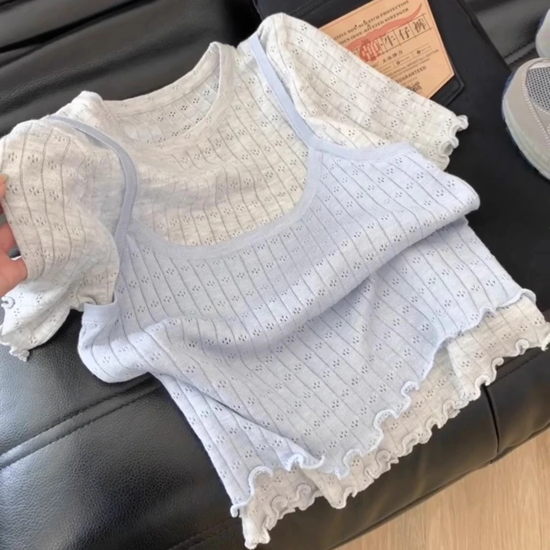 C1205#灰蓝撞色假两件针织短袖t恤女设计感修身显瘦正肩短款上衣