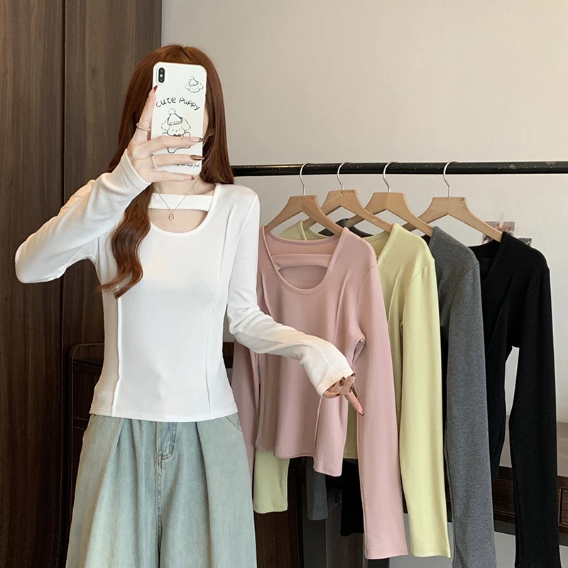 【涵胖胖】春装女百搭鱼骨修身长袖打底内搭T恤上衣KX33552【B】