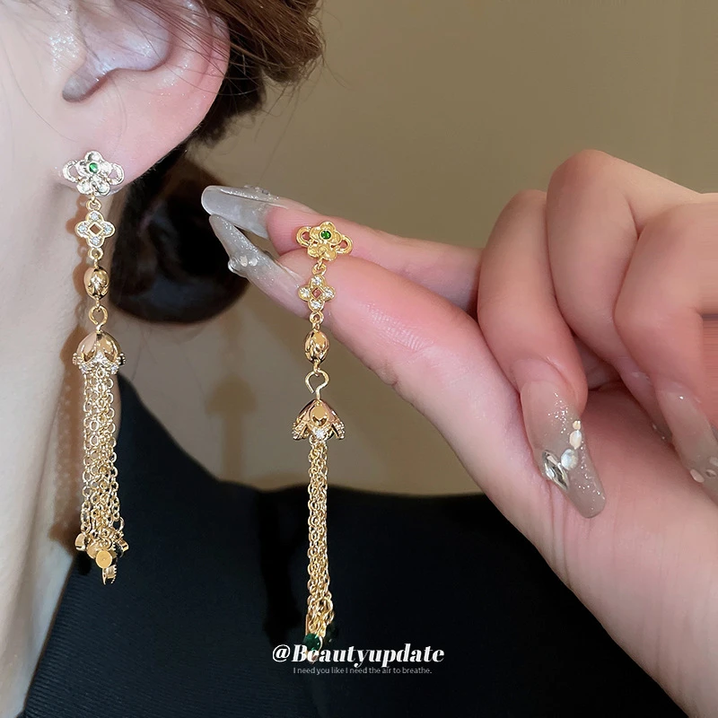 铜合金耳饰 【金亭琉香】复古真金电镀银针高级感花朵锆石金属耳环