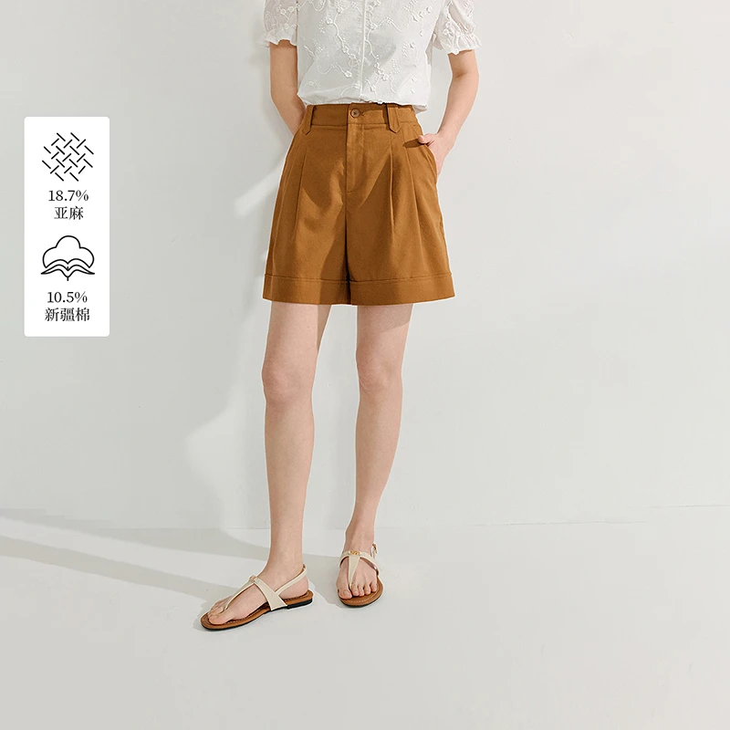 【一秒入夏】茵曼夏季亚麻复古休闲直筒短裤高腰显瘦宽松a字裤子