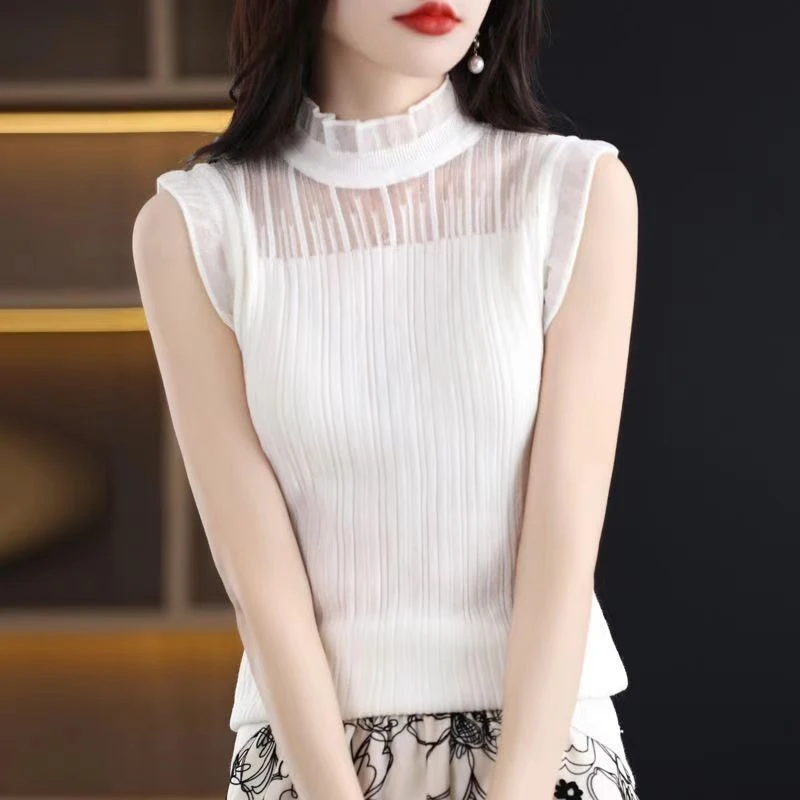 洋气减龄百搭时尚蕾丝背心配西装打底上衣无袖背心木耳边无袖背心