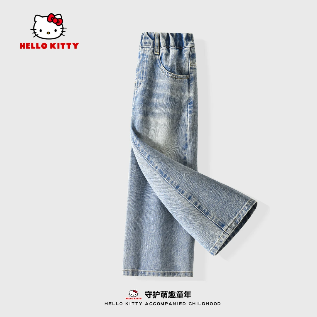 Hello Kitty女童牛仔阔腿裤春秋2025新款儿童直筒宽松百搭牛仔裤