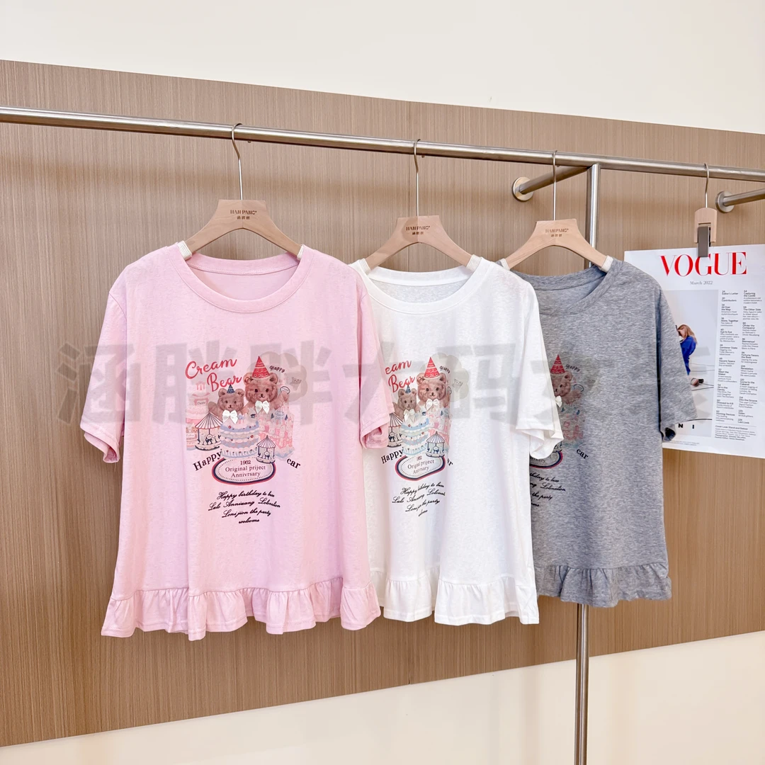 【涵胖胖】胖mm大码女甜美卡通印花宽松显瘦花边短袖T恤 A1518【B】