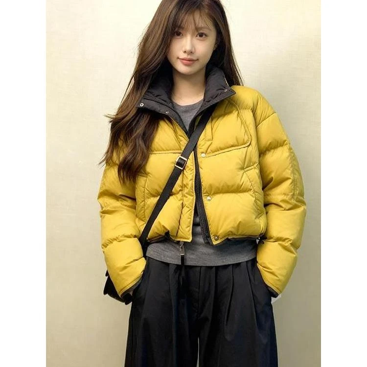 2025巨好看的黄色撞色服女冬季3040岁女士加绒加厚棉服