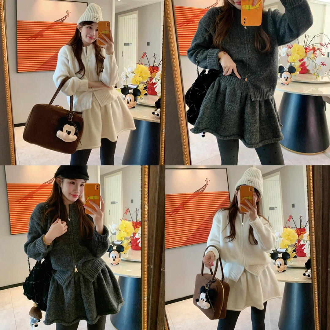 JENNIFER JXLIU 棒球服拉链毛衣外套+松紧腰蓬蓬针织短裙两件套装