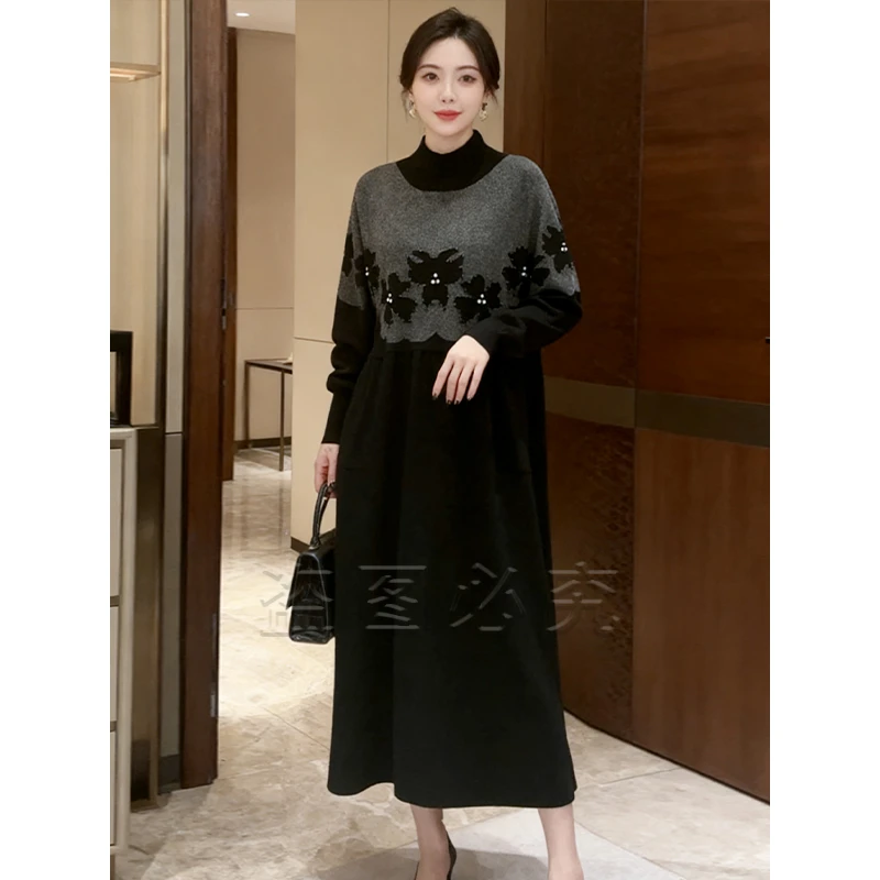 9821#时尚提花针织连衣裙秋冬宽松休闲遮肚子中长款打底毛衣裙