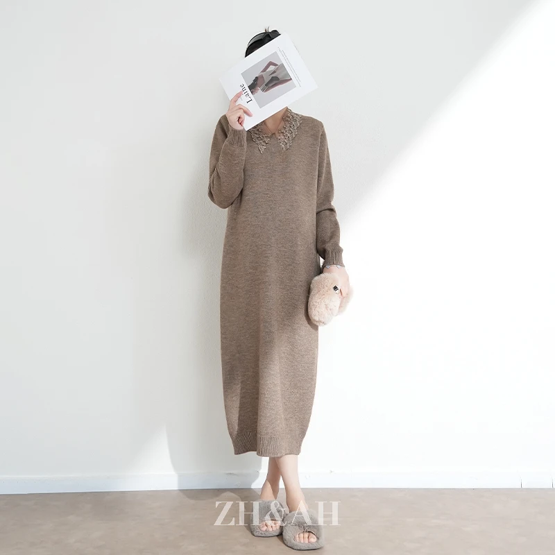 ZH&AH【月下花语】冬季新款时尚气质百搭设计感孕期蕾丝拼接毛衣裙