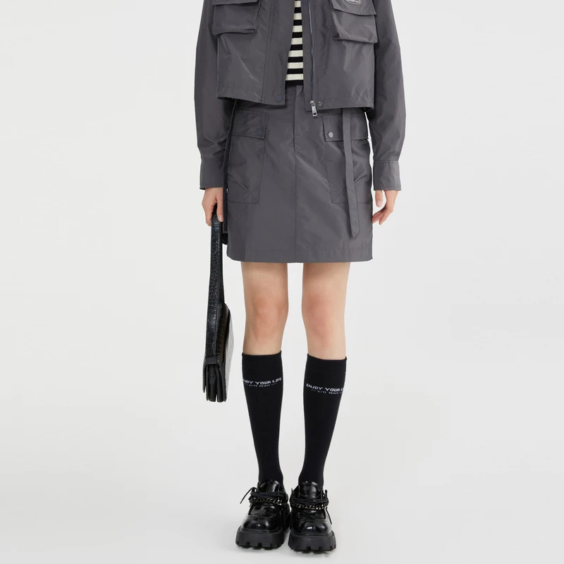 U/TI 深灰色时尚休闲高腰百搭潮流A字工装风半身裙