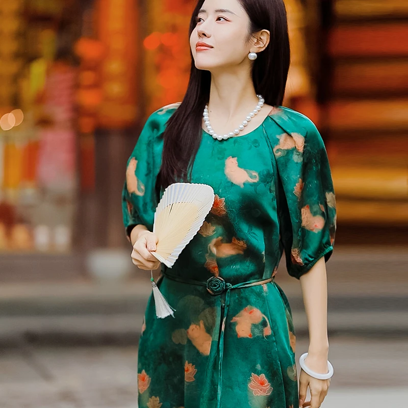 复古日记“睡莲猫”30mm小重缎红云纱莫奈国风连衣裙252L6669