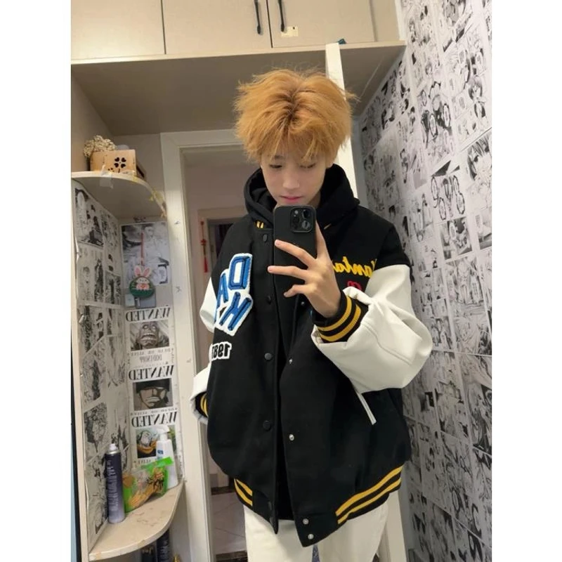 重磅国潮美式植绒刺绣字母棒球服男女春季款夹棉加厚外套情侣夹克