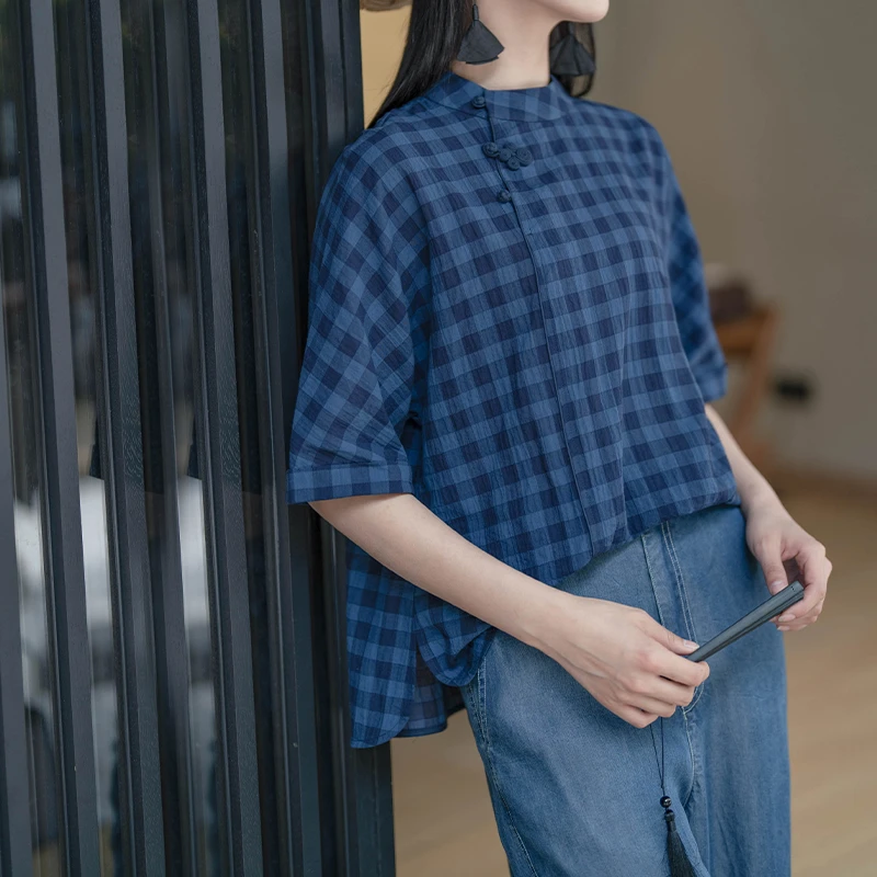 言作原创100%精梳棉色织肌理格纹花苞扣新中式夏季休闲衬衫衬衣