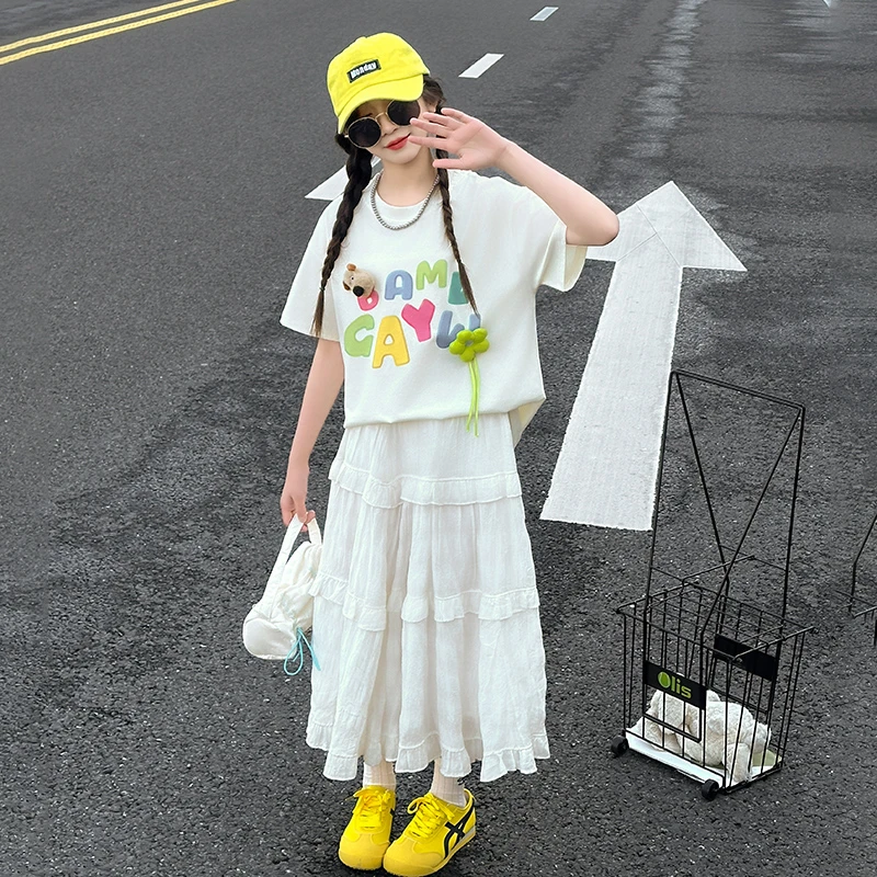 女童短袖半身裙套装夏季洋气公主裙儿童白色蛋糕裙女大童t恤裙子
