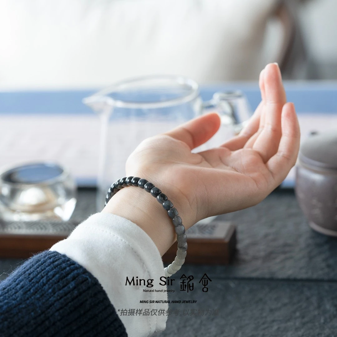 【铭舍】天然和田玉青花渐变直切手串5*6mm左右素款手串珠宝M-11.8