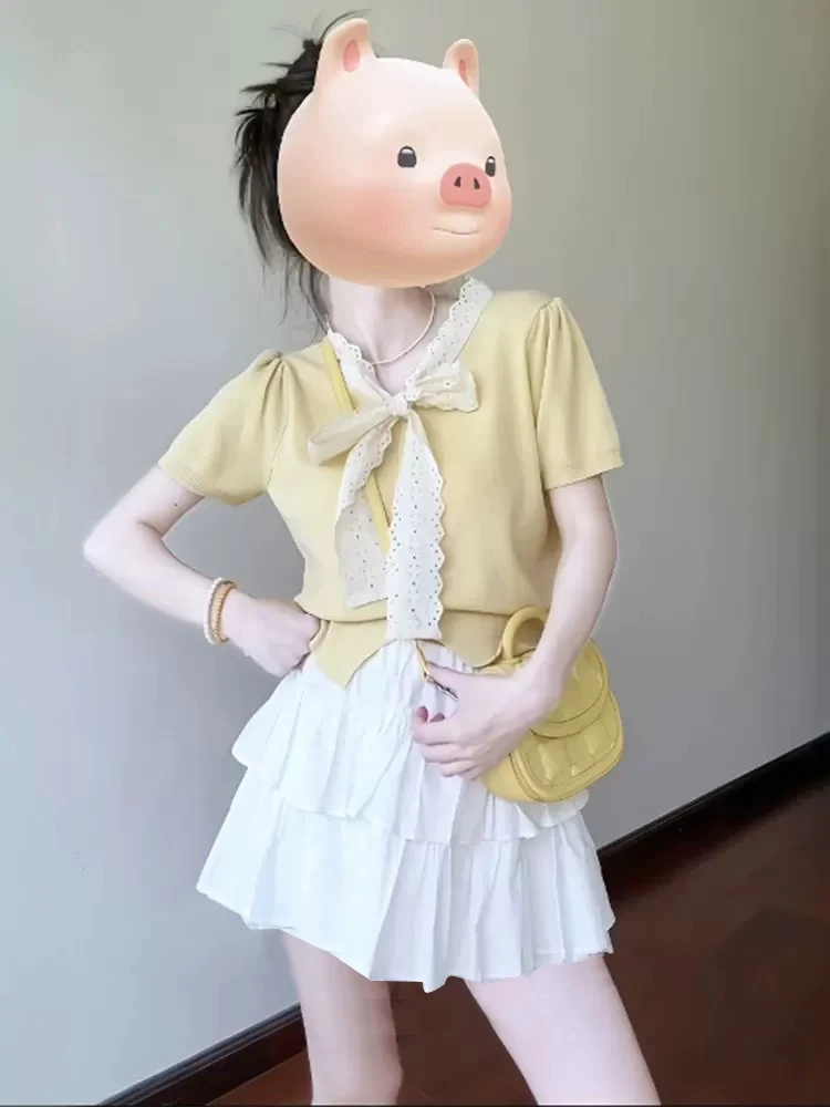 【617】夏款气质冰丝法式蕾丝拼接小衫+纯色蕾丝半身裙两件套套装