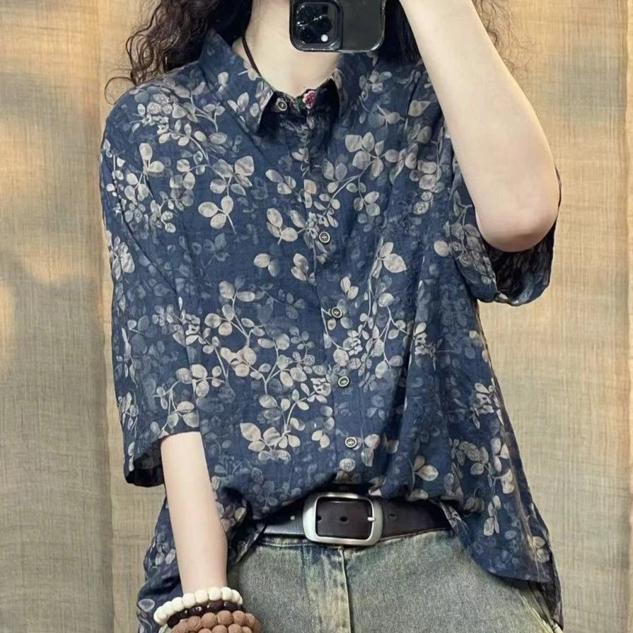2025夏季新品宽松印花时尚休闲女士洋气气质衬衫