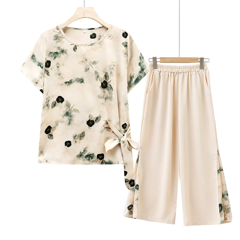 中老年妈妈装夏季复古套装洋气大码老年人夏装女气质休闲印花小衫