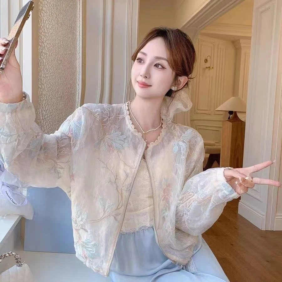 新中式国风短款刺绣外套女2025夏季新款时尚圆领蕾丝薄款防晒上衣