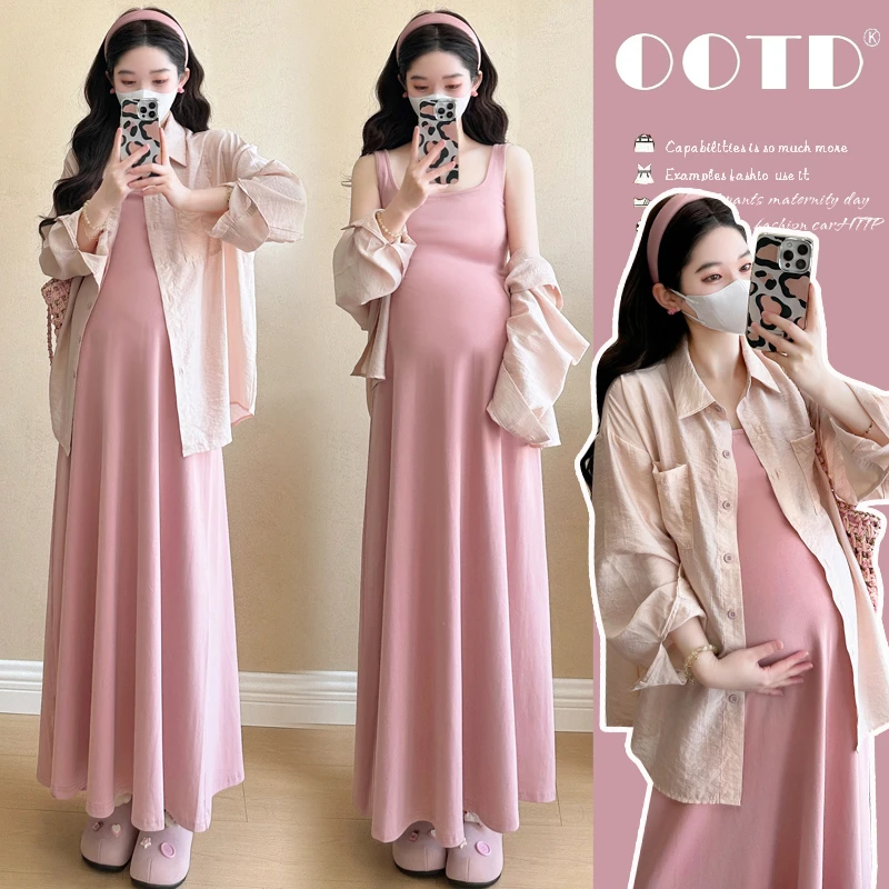 2025夏季新品韩版时尚简约显瘦方领吊带裙孕妇连衣裙防晒衬衣