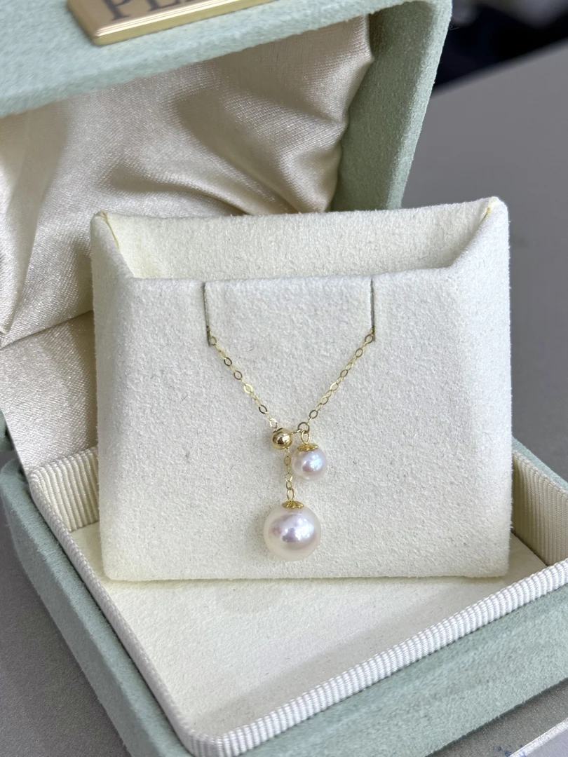 天然海水akoya强光正圆珍珠项链18k金双珠Y字铃铛锁骨可抽拉调节