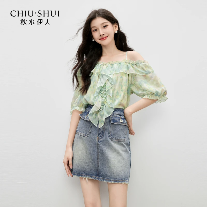秋水伊人雪纺衫2025新款女肩部两穿雪纺印花625263M060721