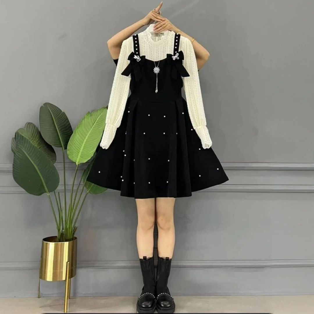 时尚百搭遮肚收腰高级气质两件套茶歇法式温柔感蝴蝶结钉珠重工