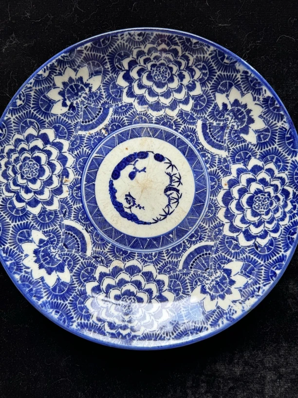中古回流默认瑕疵青花大盘子 中间有磨损