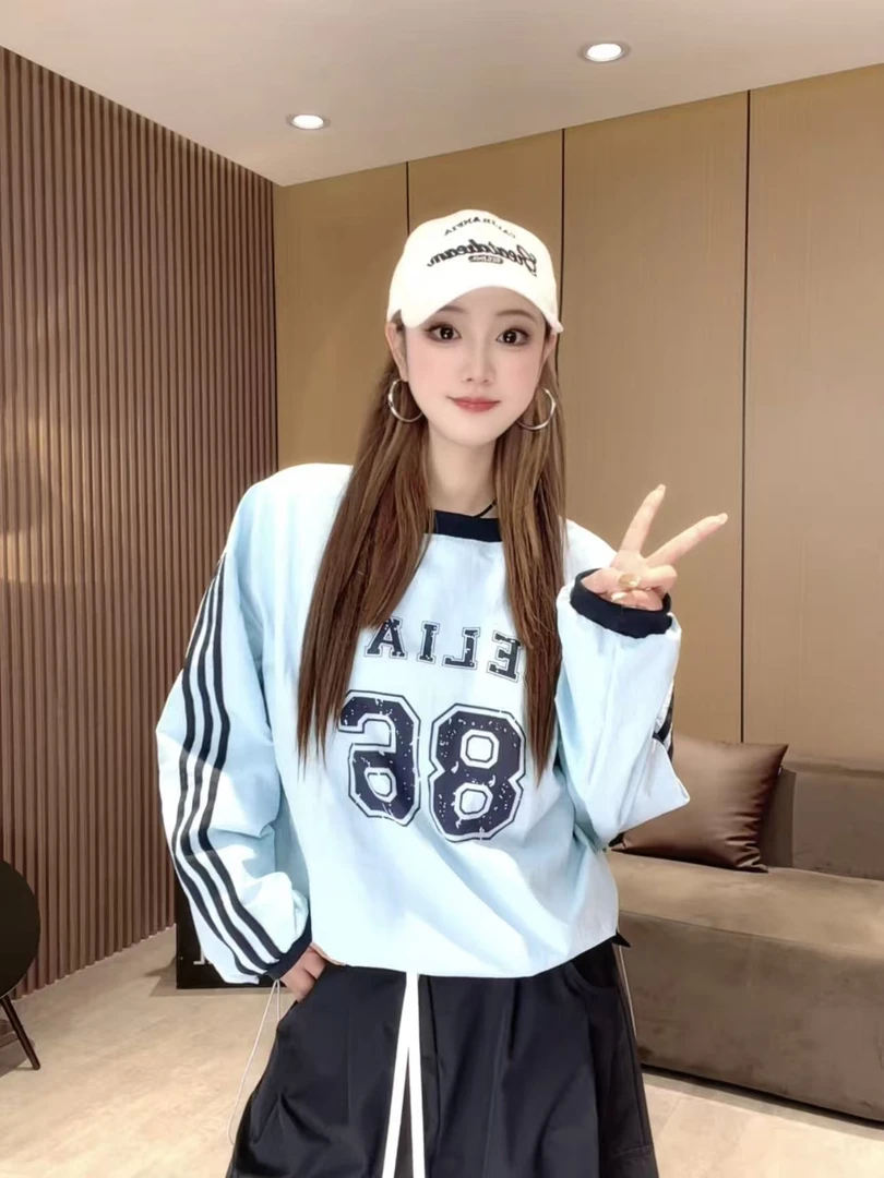 LL867 秋季圆领高街字母印花卫衣女美式撞色运动套头条纹上衣